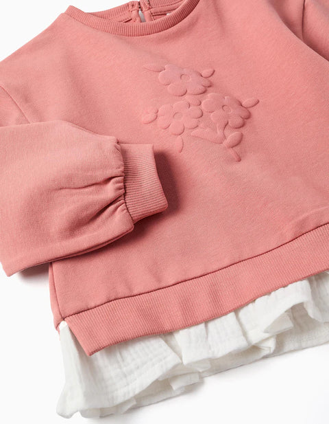 Cotton Jogging Set with Embossed Flower Print for Baby Girls, Pink