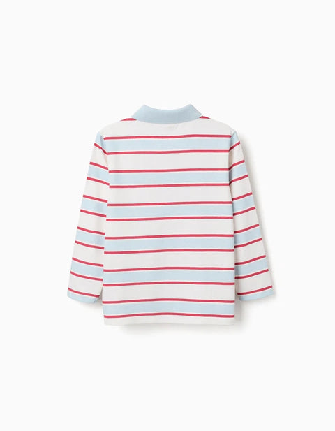 Striped Long Sleeve Polo Shirt Spider-Man for Boys, White/Blue/Red