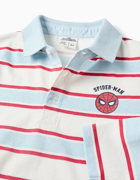 Striped Long Sleeve Polo Shirt Spider-Man for Boys, White/Blue/Red