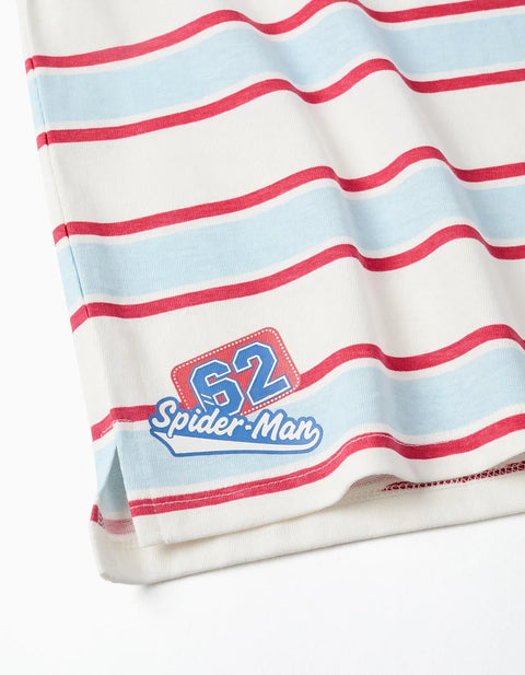 Striped Long Sleeve Polo Shirt Spider-Man for Boys, White/Blue/Red