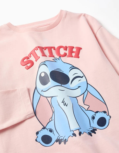 Long Sleeve Cotton T-Shirt with Stitch Print for Girls, Light Pink