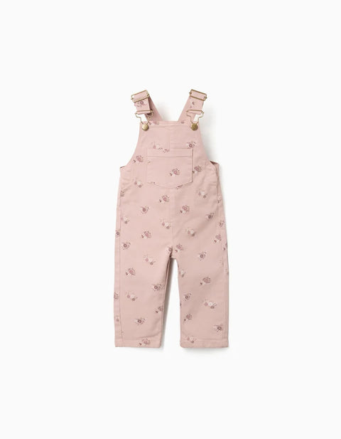 Twill Dungarees with Floral Motif for Baby Girls, Light Pink