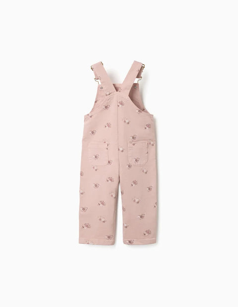 Twill Dungarees with Floral Motif for Baby Girls, Light Pink