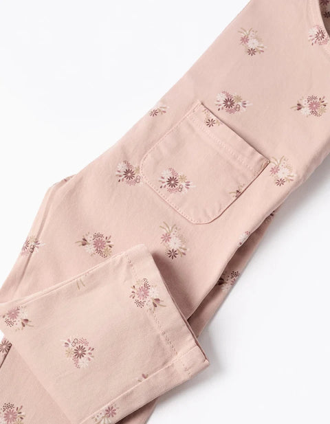 Twill Dungarees with Floral Motif for Baby Girls, Light Pink