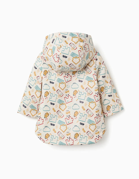 Padded Rubber Parka with Hood and Print for Baby Boys, White