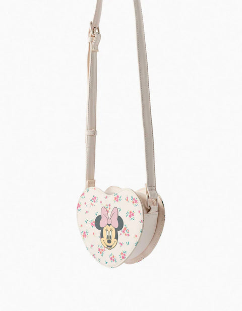 Heart-Shaped Crossbody Bag with Minnie Print for Girls, Light Beige