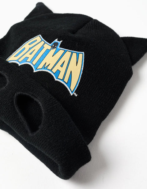 Knitted Beanie with Batman Print and 3D Ears for Boys, Black