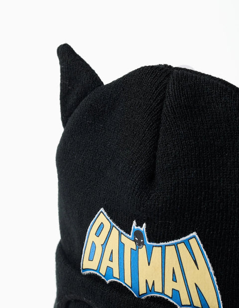 Knitted Beanie with Batman Print and 3D Ears for Boys, Black