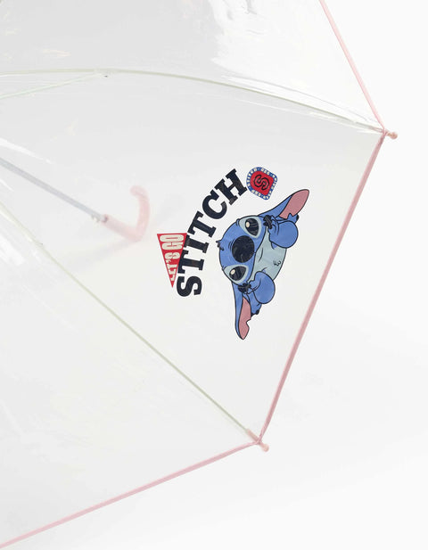 Automatic Umbrella with Stitch Print for Girls, Transparent/Pink