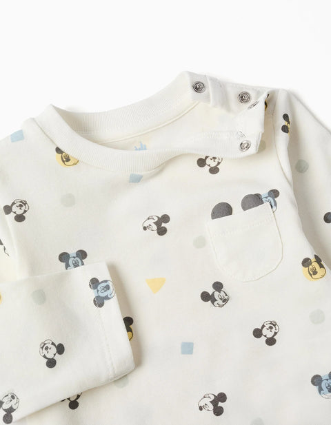 Long Sleeve Bodysuit with Mickey Motif for Newborn Boys, White