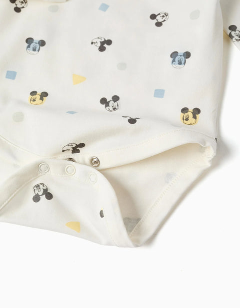 Long Sleeve Bodysuit with Mickey Motif for Newborn Boys, White