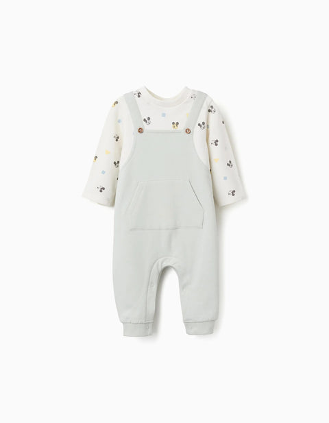 Long Sleeve Brushed Romper with Mickey for Newborn Boys, White/Green