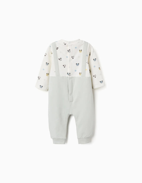 Long Sleeve Brushed Romper with Mickey for Newborn Boys, White/Green