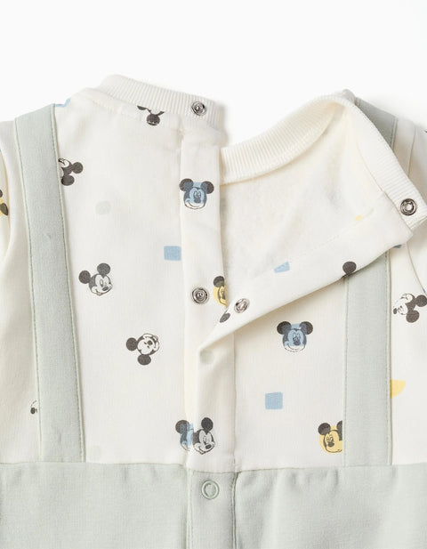 Long Sleeve Brushed Romper with Mickey for Newborn Boys, White/Green
