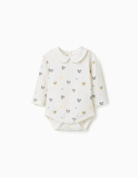 Long Sleeve Bodysuit with Minnie Motif for Newborn Girls, White