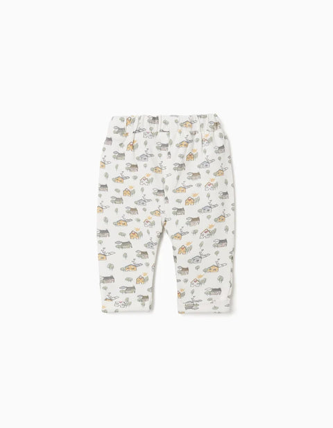 Brushed Trousers with House and Tree Motif for Newborns, White