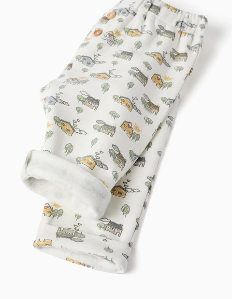 Brushed Trousers with House and Tree Motif for Newborns, White
