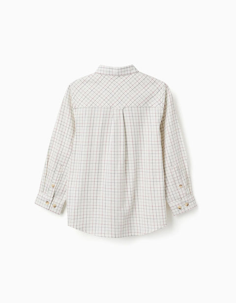 Long Sleeve Cotton Shirt with Check Pattern for Boys, White