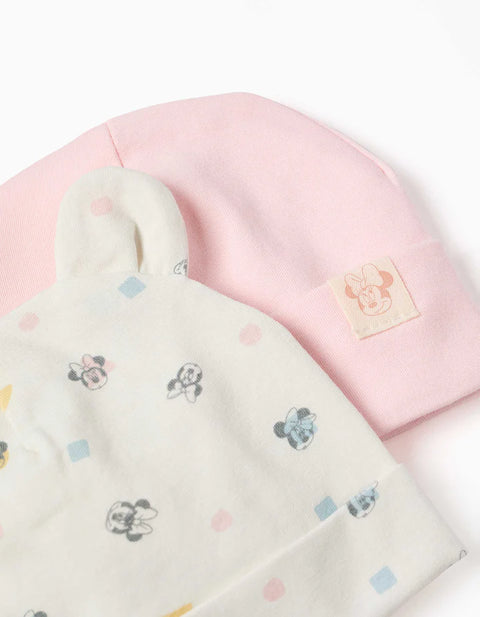 Pack of 2 Cotton Beanies with Minnie Motif for Newborn Girls, Pink/White
