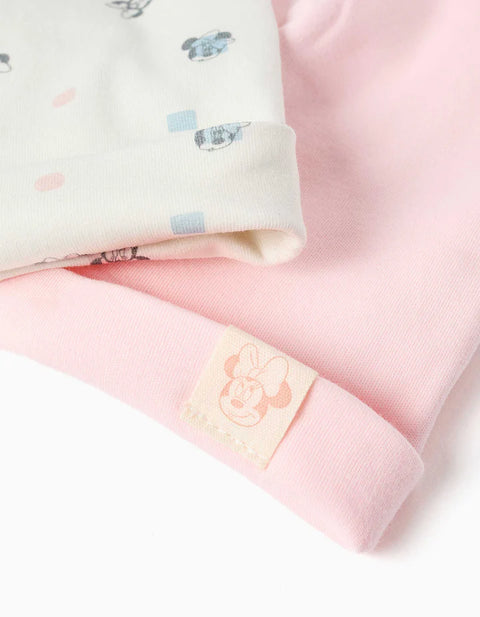 Pack of 2 Cotton Beanies with Minnie Motif for Newborn Girls, Pink/White