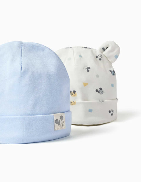 Pack of 2 Cotton Beanies with Mickey Motif for Newborn Boys, Blue/White