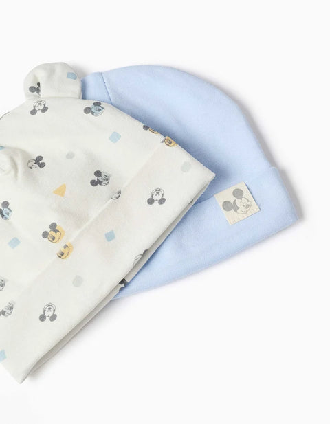 Pack of 2 Cotton Beanies with Mickey Motif for Newborn Boys, Blue/White
