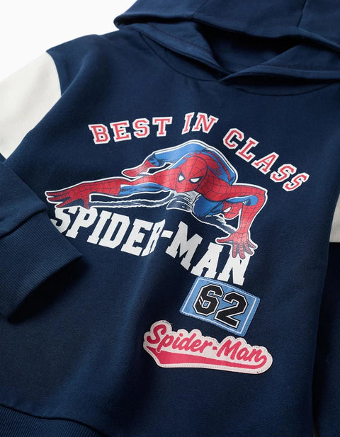 Cotton Hooded Sweatshirt with Spider-Man Print for Boys, Navy Blue