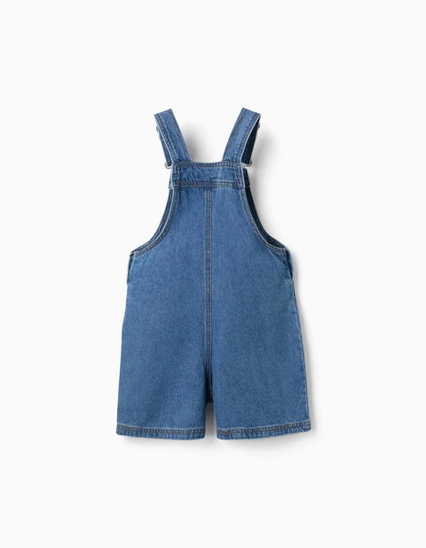 Denim Short Dungarees with Stitch Embroidery for Girls, Blue