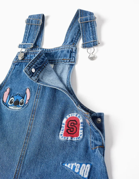 Denim Short Dungarees with Stitch Embroidery for Girls, Blue