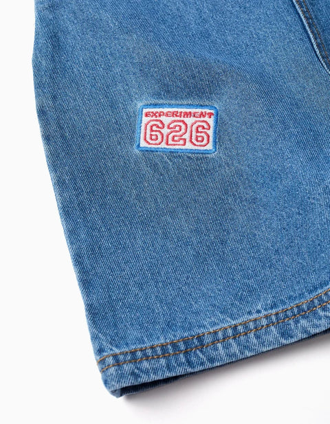 Denim Short Dungarees with Stitch Embroidery for Girls, Blue