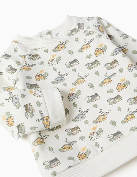 Brushed Set with House and Tree Motif for Newborns, White/Green