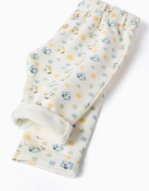 Brushed Trousers with Colourful Pattern for Newborns, White