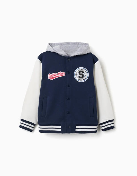 Brushed Hooded Bomber Jacket Spider-Man for Boys, Navy Blue/White
