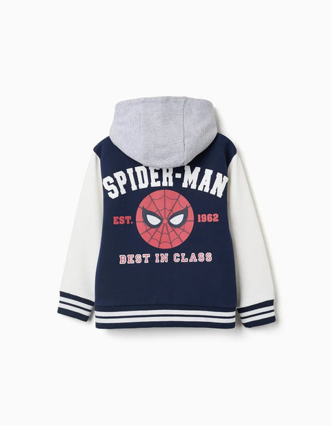 Brushed Hooded Bomber Jacket Spider-Man for Boys, Navy Blue/White