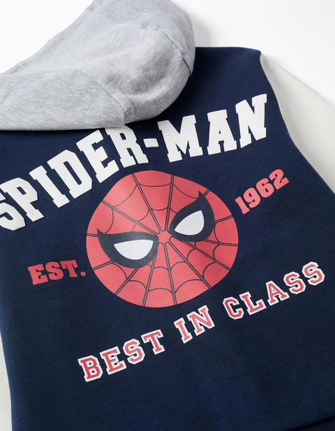 Brushed Hooded Bomber Jacket Spider-Man for Boys, Navy Blue/White