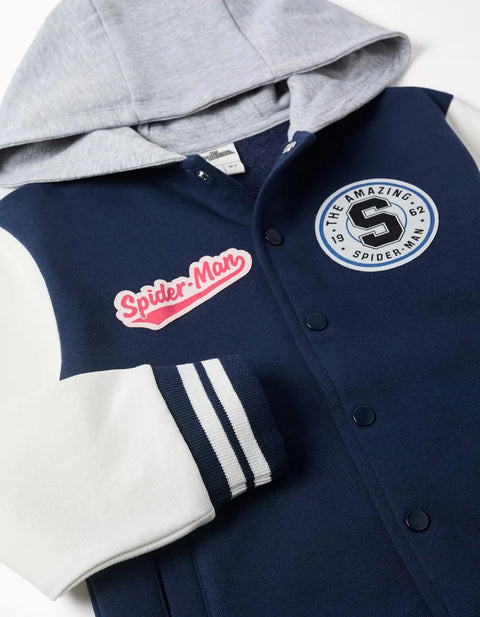 Brushed Hooded Bomber Jacket Spider-Man for Boys, Navy Blue/White