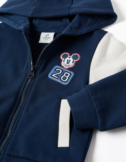 Brushed Hooded Jacket with Mickey Prints for Babies and Boys, Navy Blue