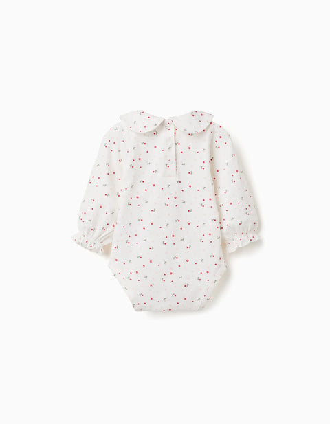 Long Sleeve Cotton Bodysuit with Floral Pattern for Newborn Girls, White