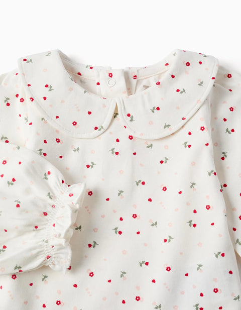 Long Sleeve Cotton Bodysuit with Floral Pattern for Newborn Girls, White