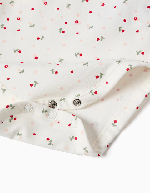 Long Sleeve Cotton Bodysuit with Floral Pattern for Newborn Girls, White