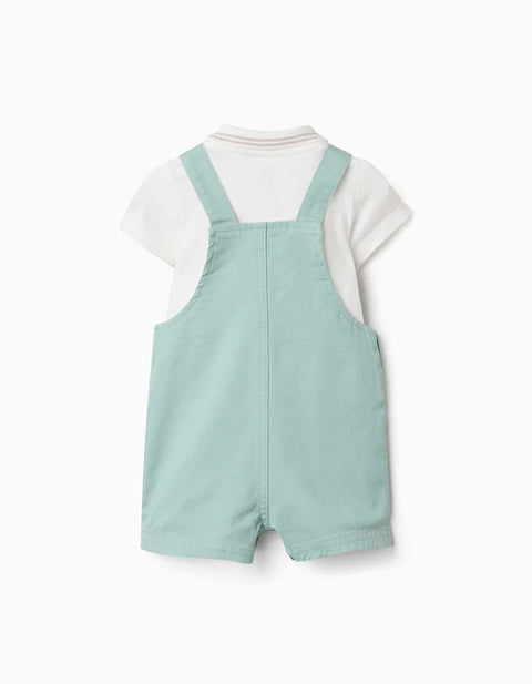 Cotton Bodysuit and Dungarees Set for Newborn Boys, White/Light Green