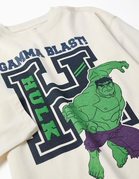 Long Sleeve Cotton T-Shirt with Hulk Embossed Print for Boys, White