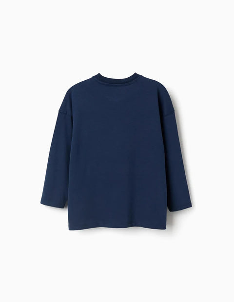 Long Sleeve Cotton T-Shirt with Avengers Print for Boys, Navy Blue