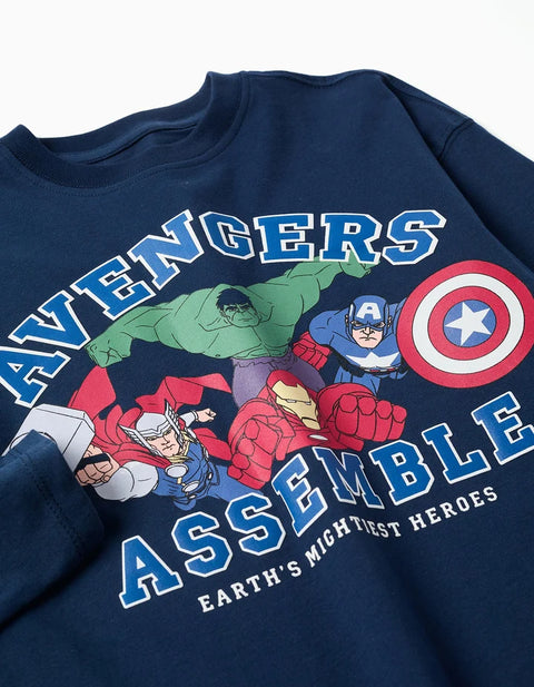 Long Sleeve Cotton T-Shirt with Avengers Print for Boys, Navy Blue