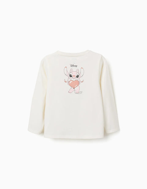 Long Sleeve Cotton T-Shirt with Stitch is Cute Print for Girls, White