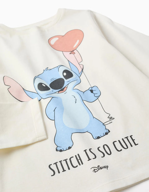 Long Sleeve Cotton T-Shirt with Stitch is Cute Print for Girls, White
