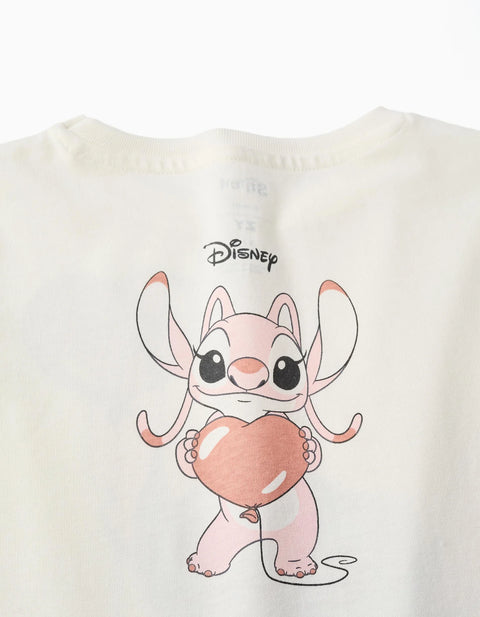 Long Sleeve Cotton T-Shirt with Stitch is Cute Print for Girls, White