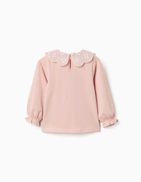 Long Sleeve T-Shirt with Broderie Anglaise Collar for Baby Girls, Pink