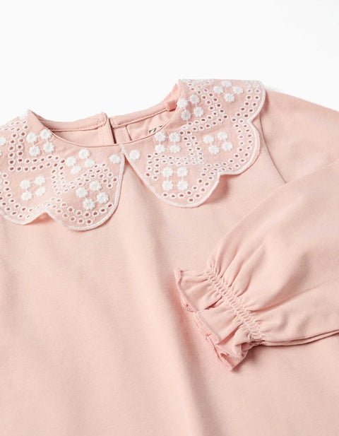 Long Sleeve T-Shirt with Broderie Anglaise Collar for Baby Girls, Pink