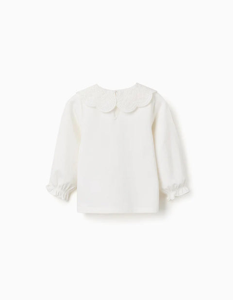 Long Sleeve T-Shirt with Broderie Anglaise Collar for Baby Girls, White